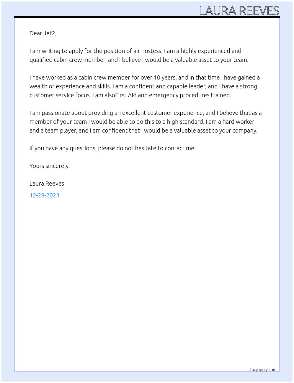 Air hostess At Jet2 Cover Letter