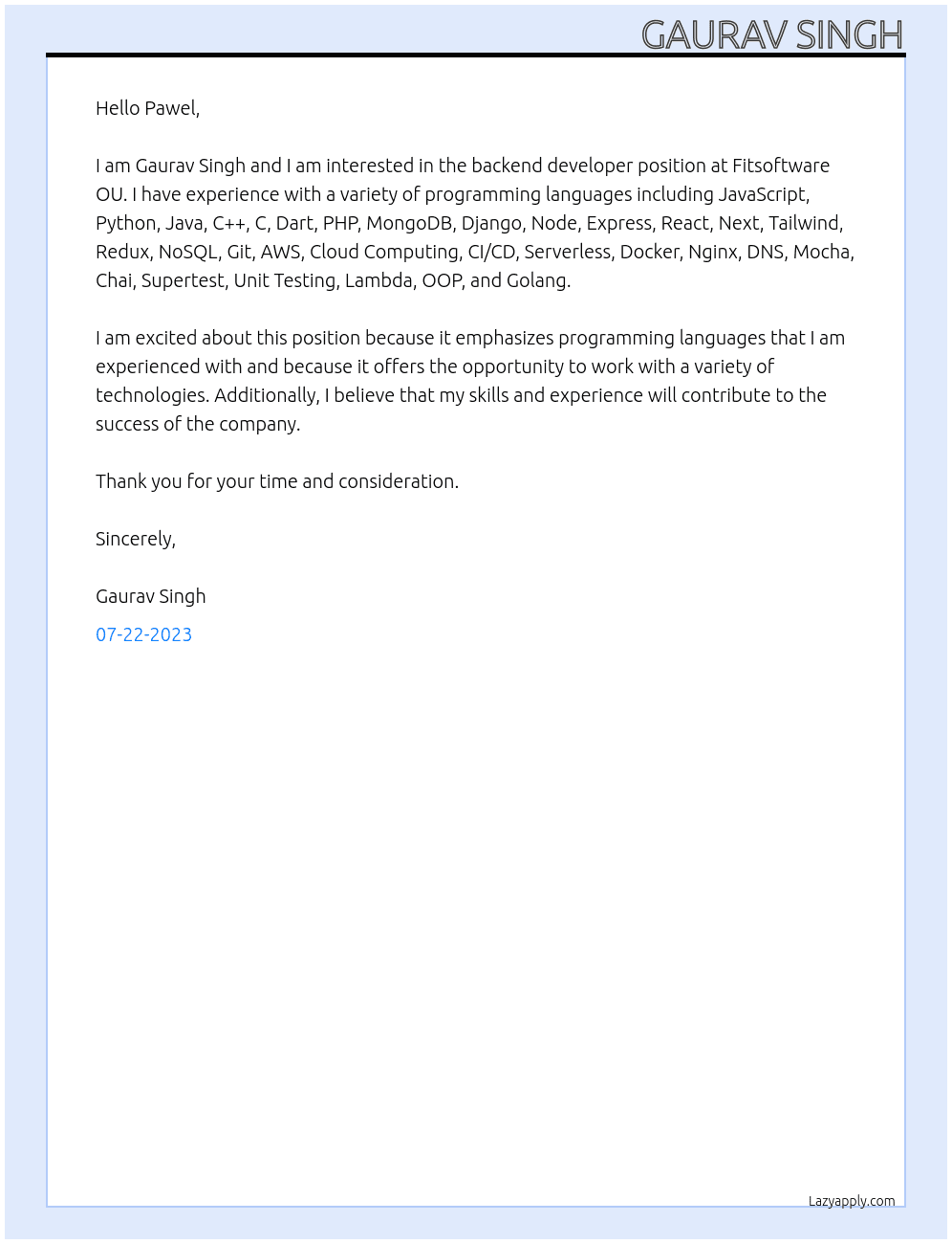 Backend developer At Fitsoftware OU Cover Letter