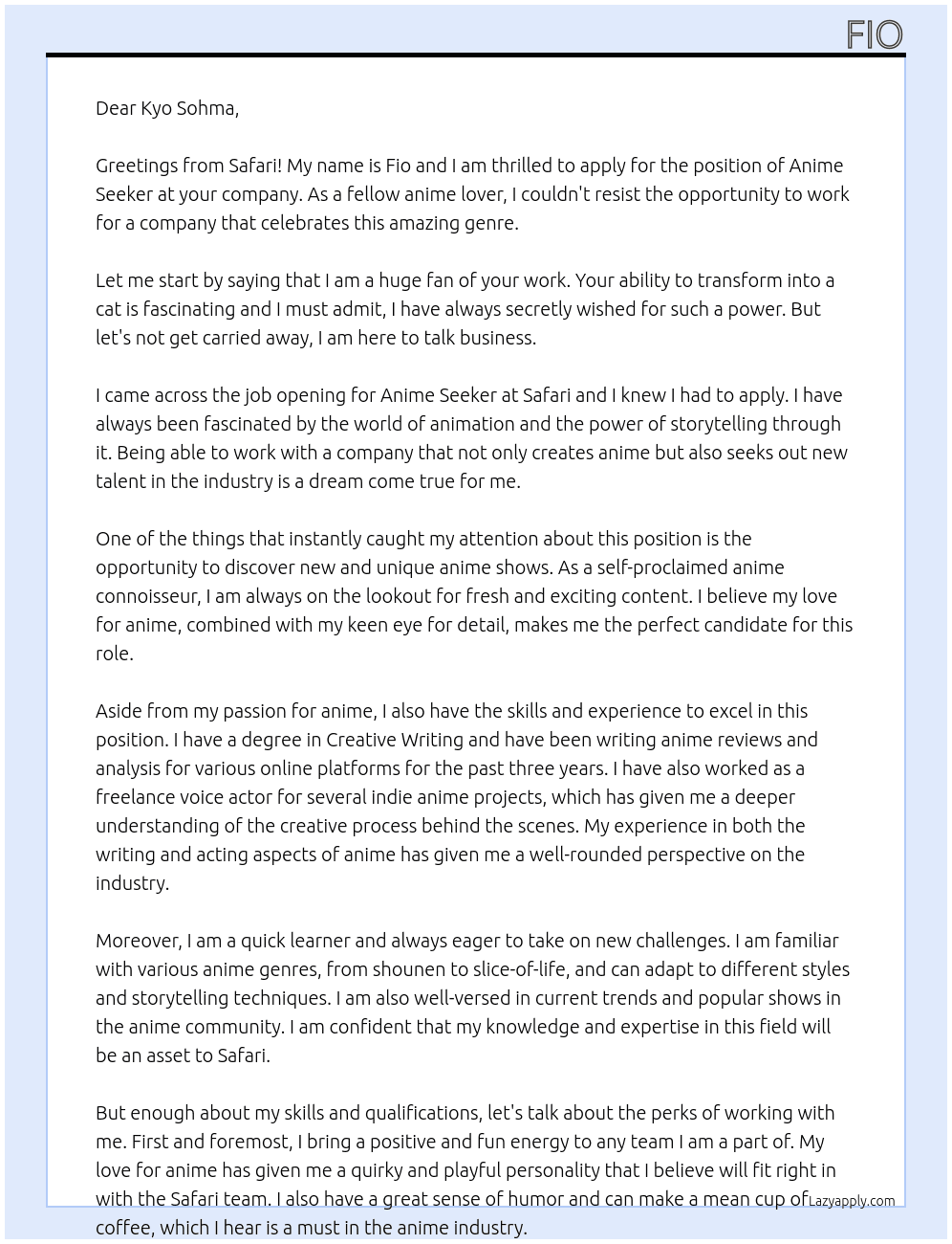 Cover letter for anime seekers - LazyApply