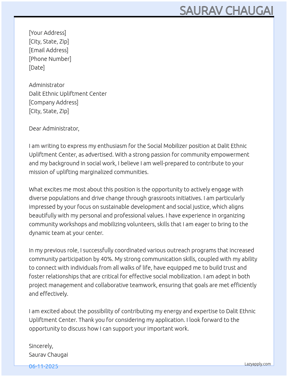 Social Mobilizer At Dalit Ethnic Upliftment center Cover Letter