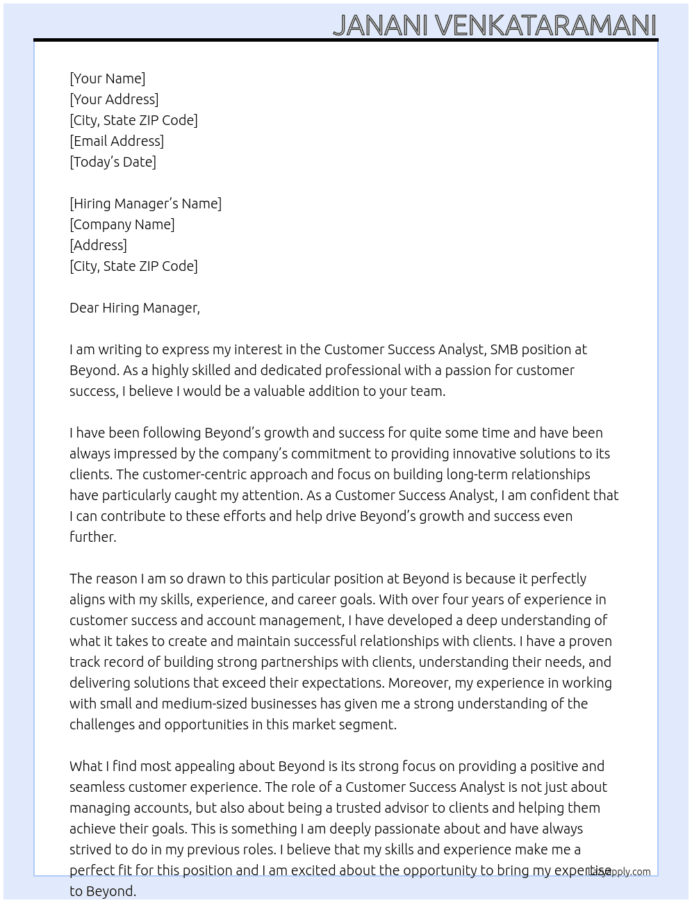 Customer Success Analyst, SMB At Beyond Cover Letter
