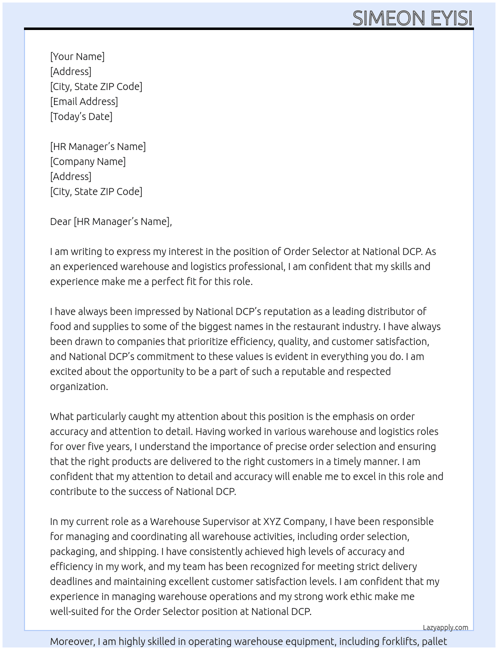 Order Selector At National DCP Cover Letter