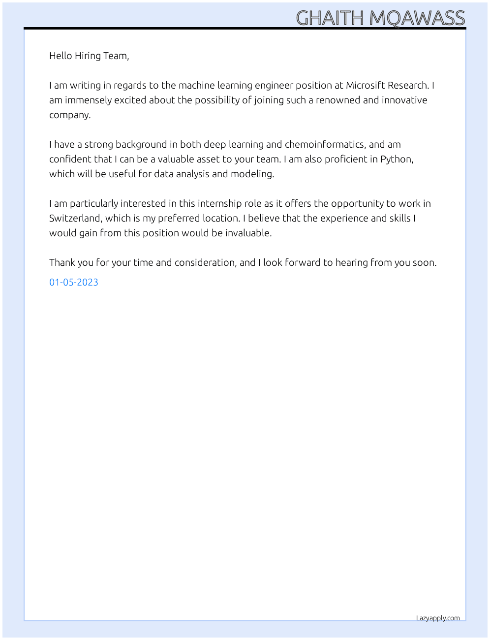 Machine Learning Engineer At Microsift Research Cover Letter