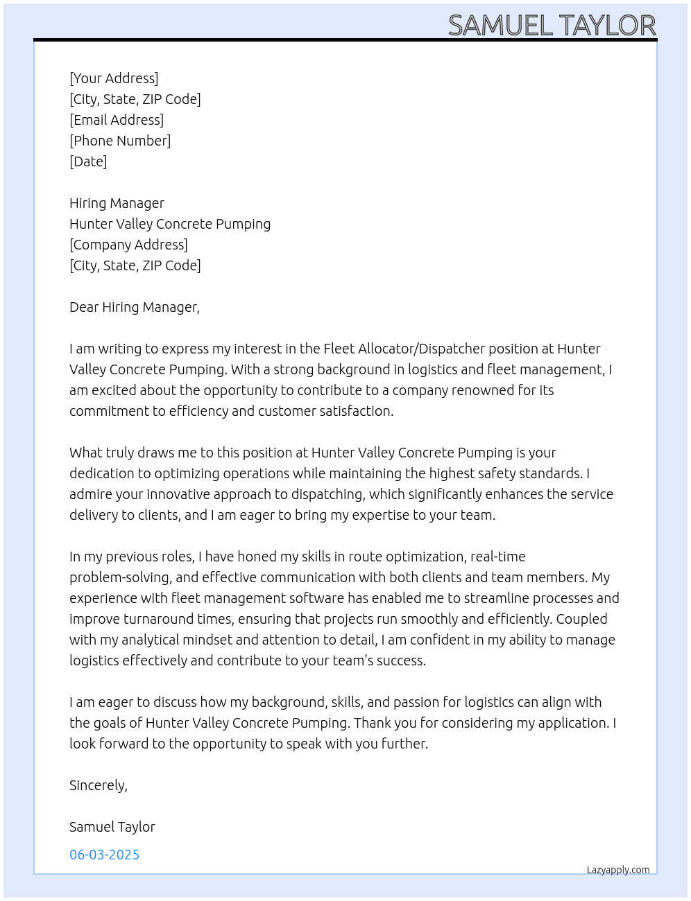 Fleet allocator/Dispacher At Hunter Valley Concreate Pumping Cover Letter