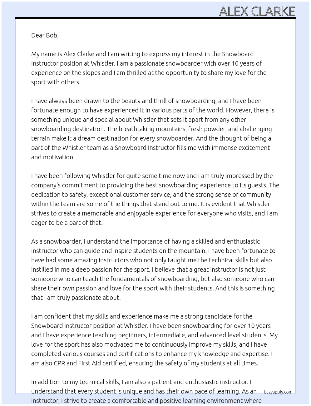 Snowboard Instructor At Whistler Cover Letter