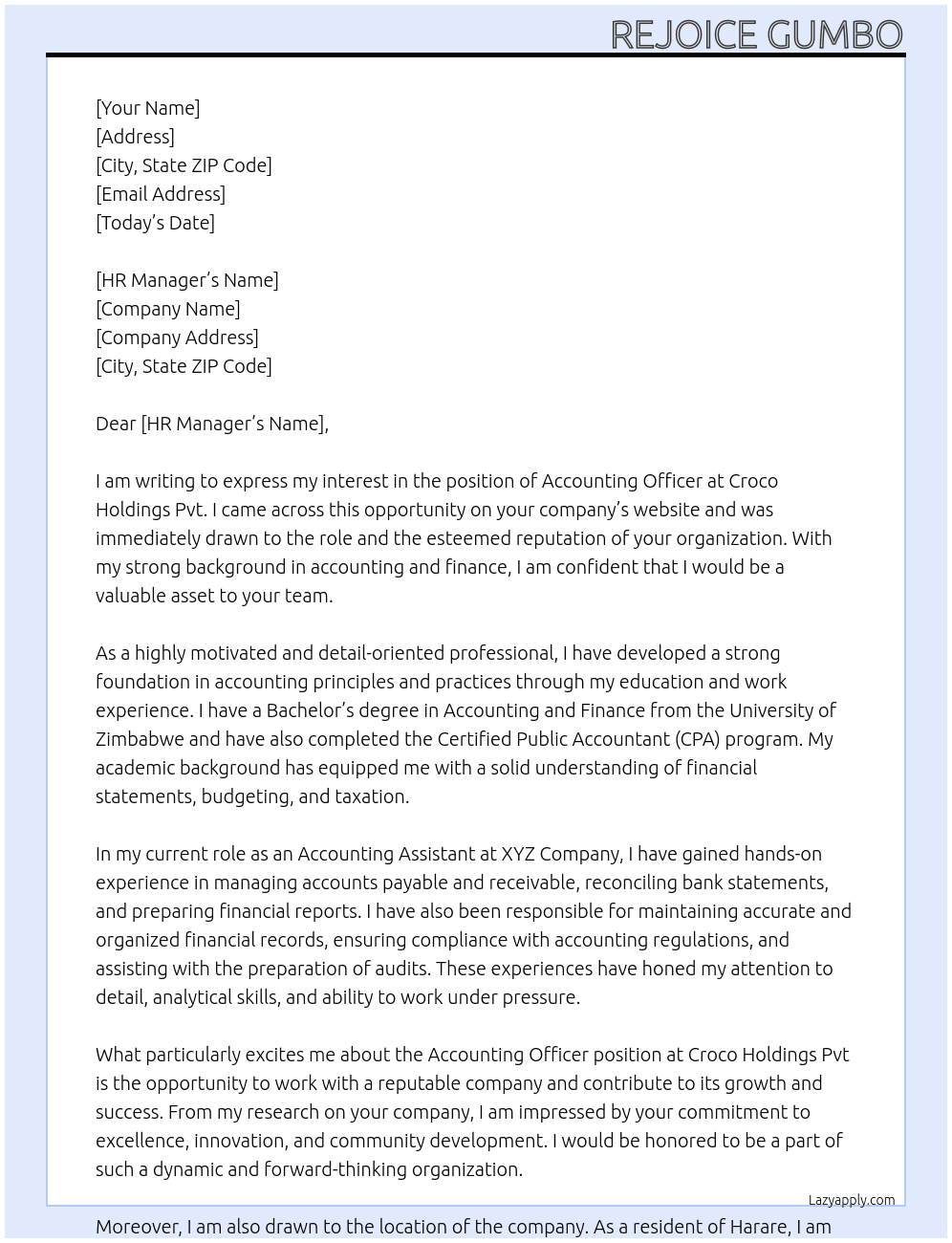 Accounting officer At Croco Holdings Pvt Cover Letter