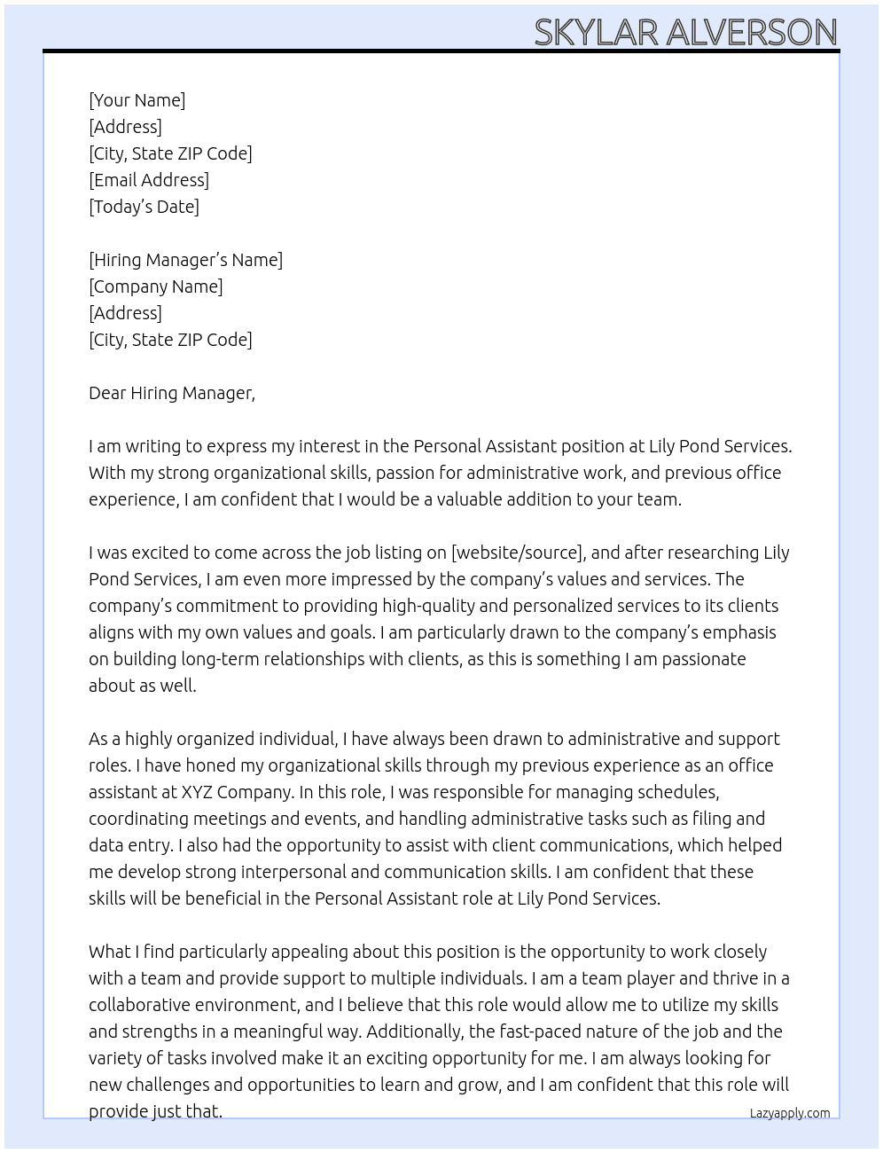 Personal Assistant  At Lily Pond Services  Cover Letter