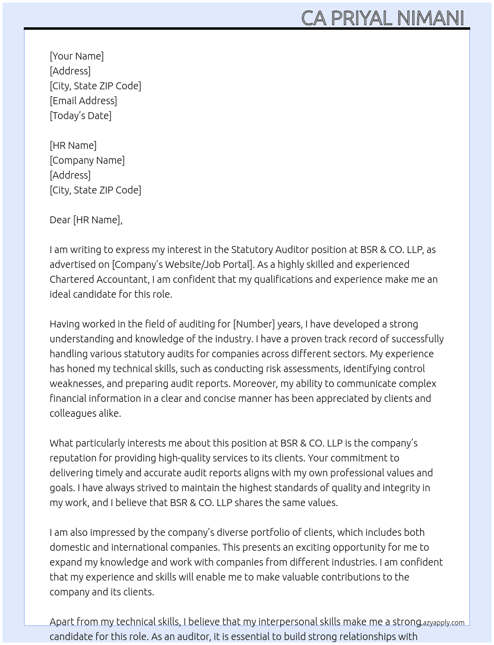 Statutory Auditor  At BSR & CO. LLP Cover Letter