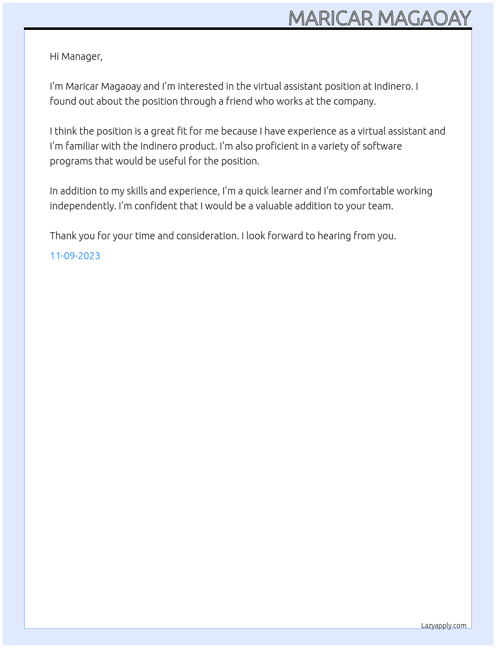 virtual assistant At indinero Cover Letter