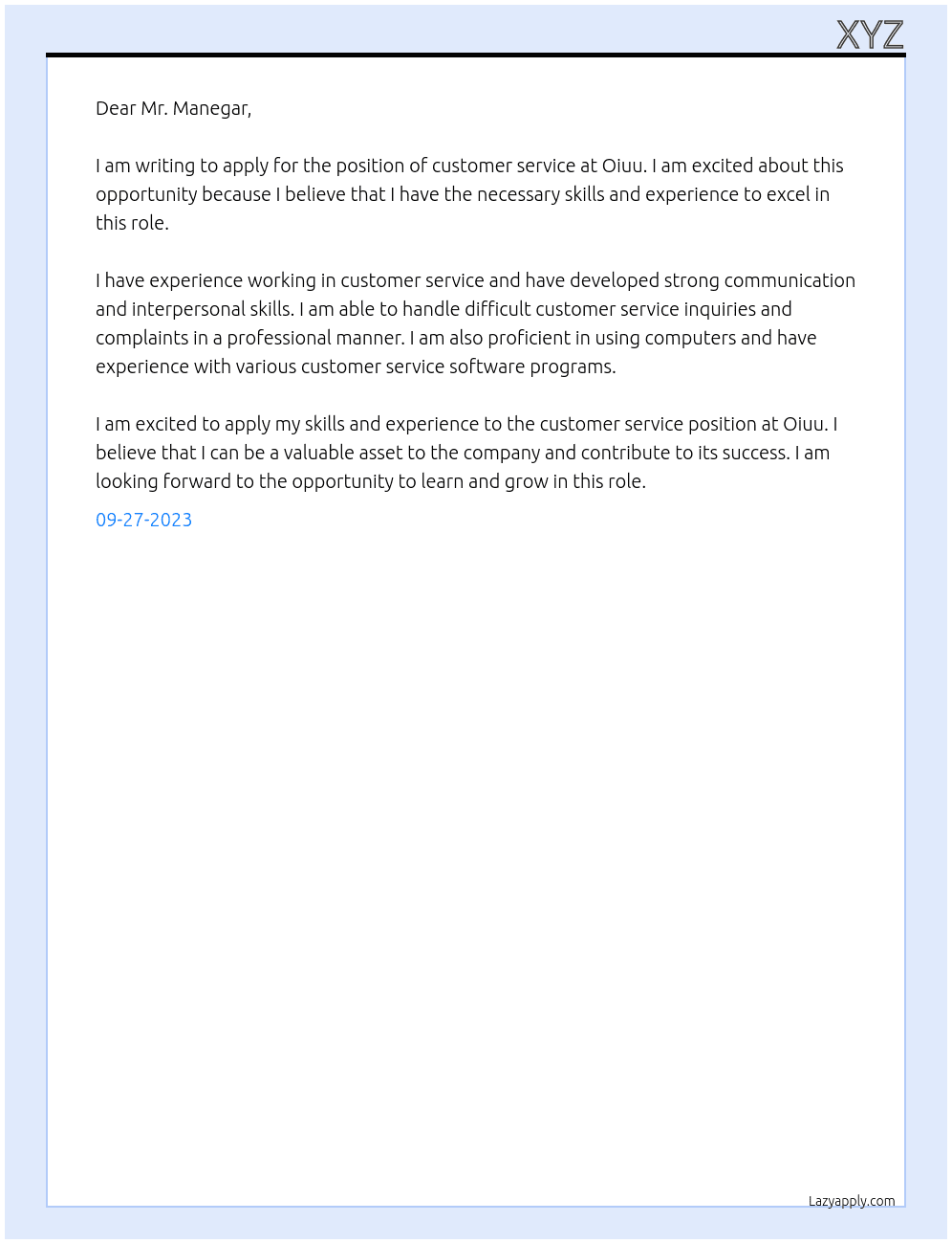 customer service At oiuu Cover Letter