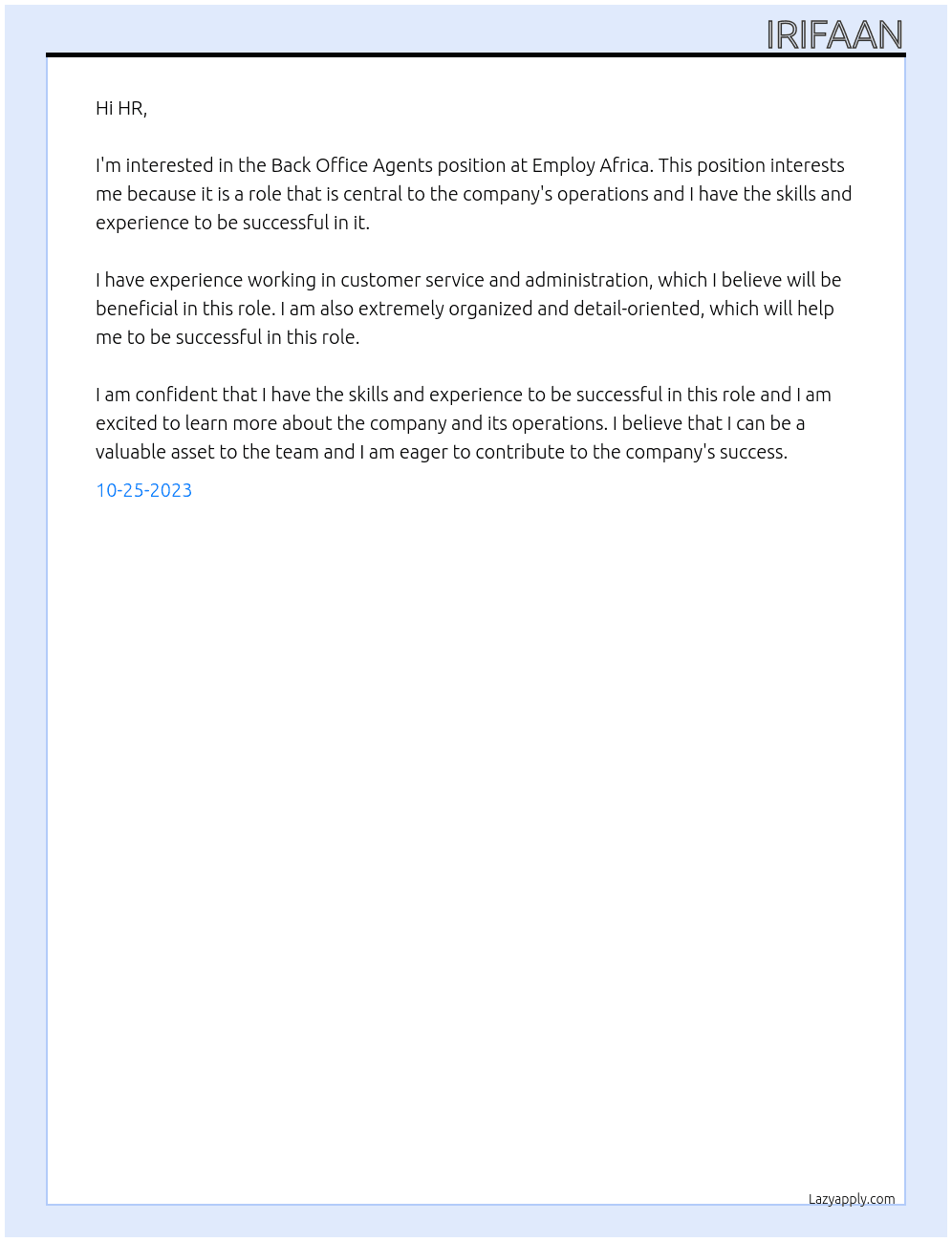 Back Office Agents At Employ Africa Cover Letter
