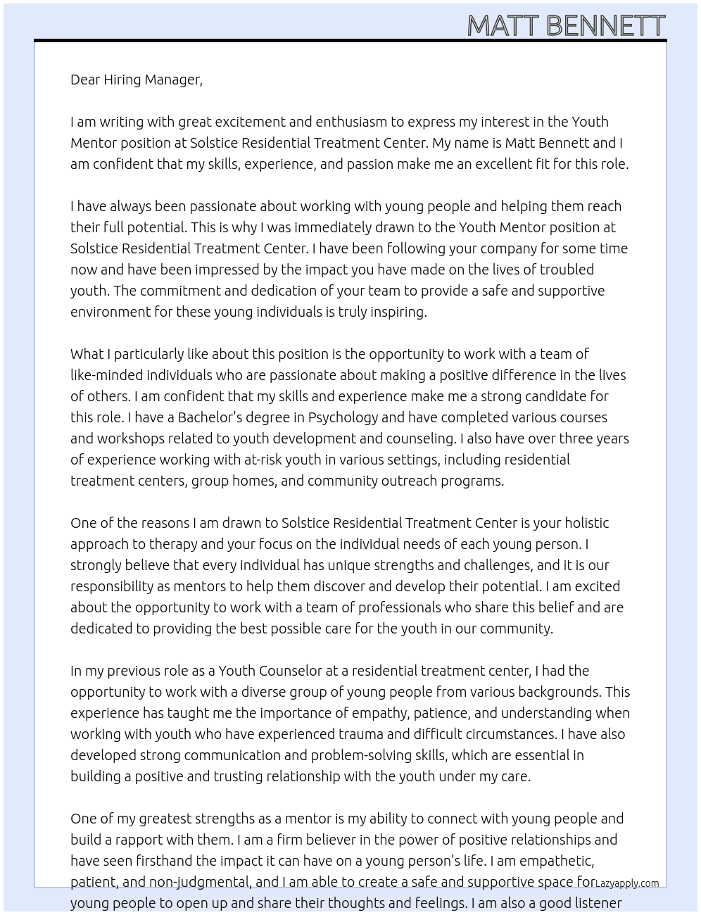 Youth Mentor At Solstice Residential Treatment Center Cover Letter