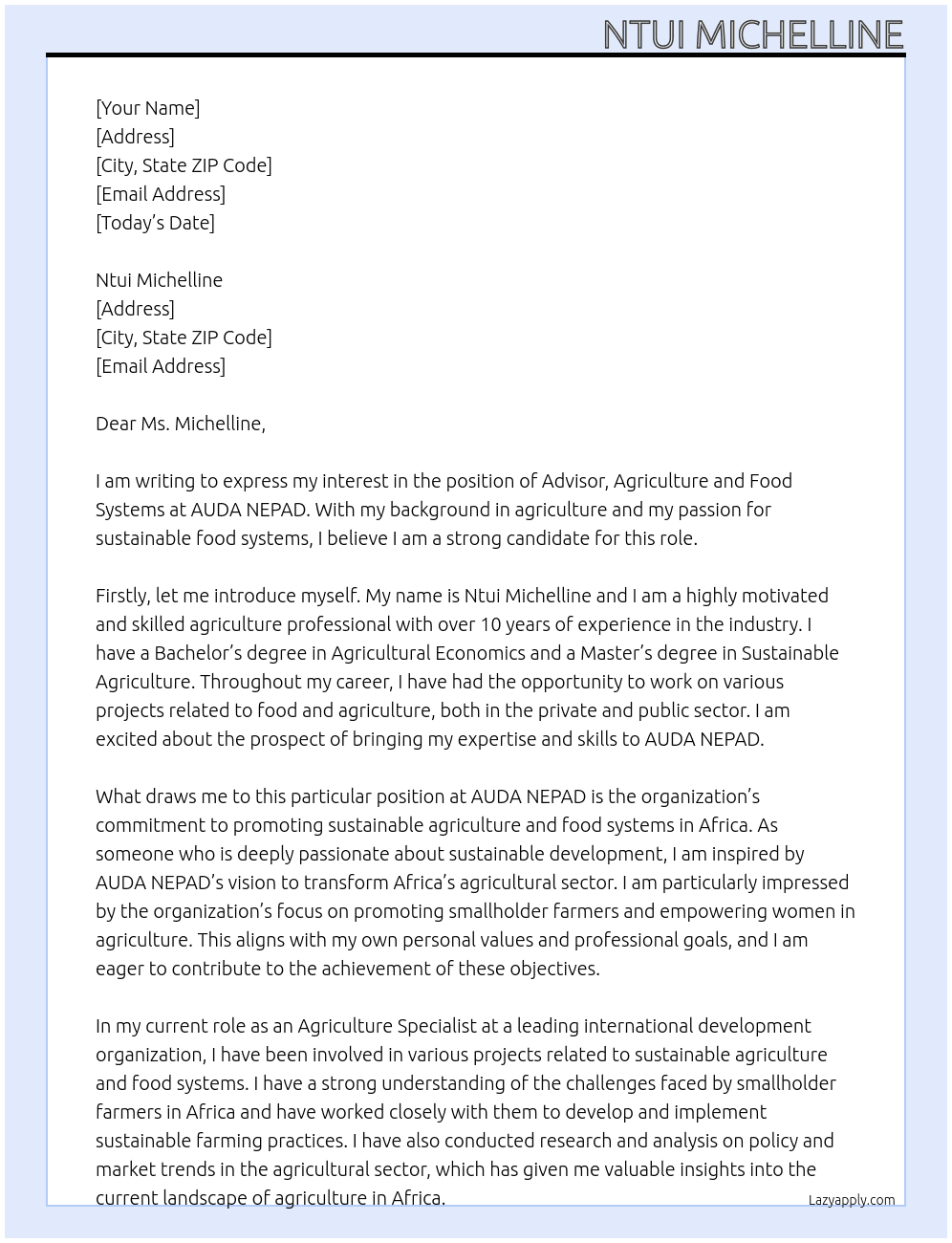 Advisor, Agriculture and Food Systems At AUDA NEPAD Cover Letter