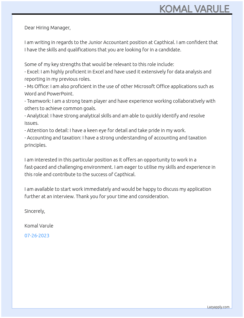 Junior accountant At Capthical Cover Letter