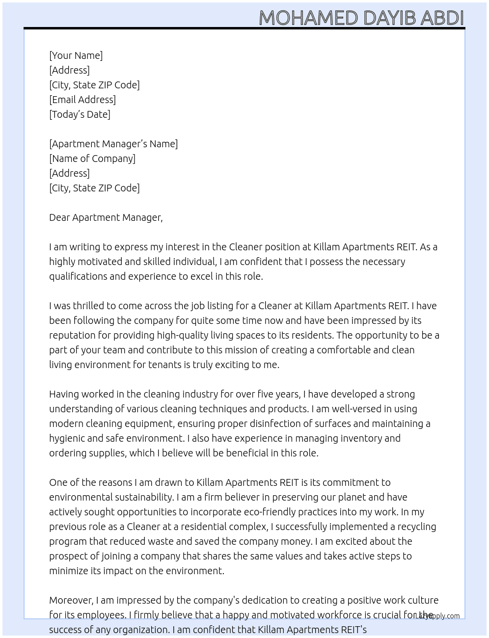 Cleaner At Killam Apartments REIT Cover Letter