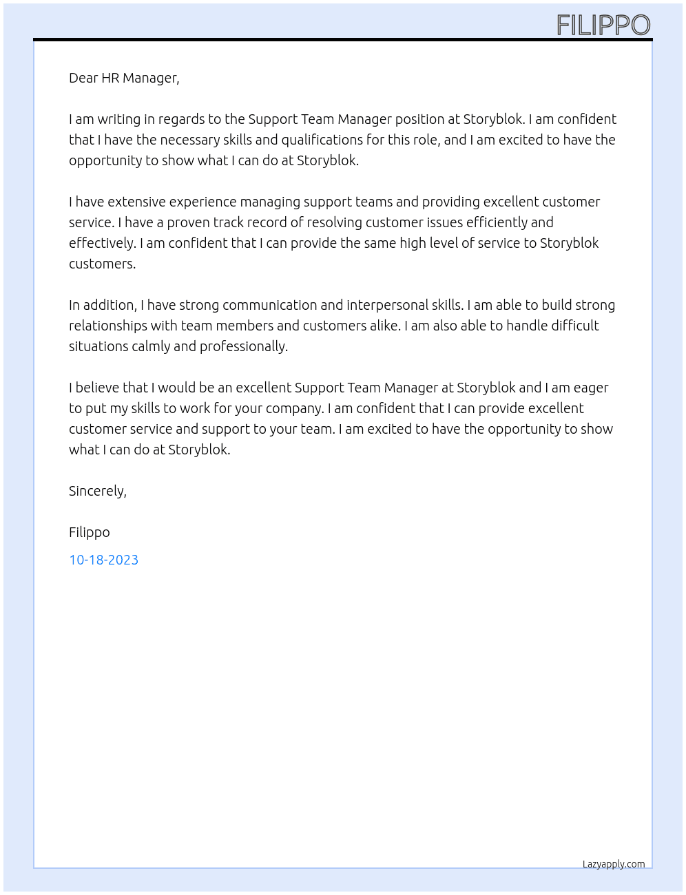 Support Team Manager At Storyblok Cover Letter