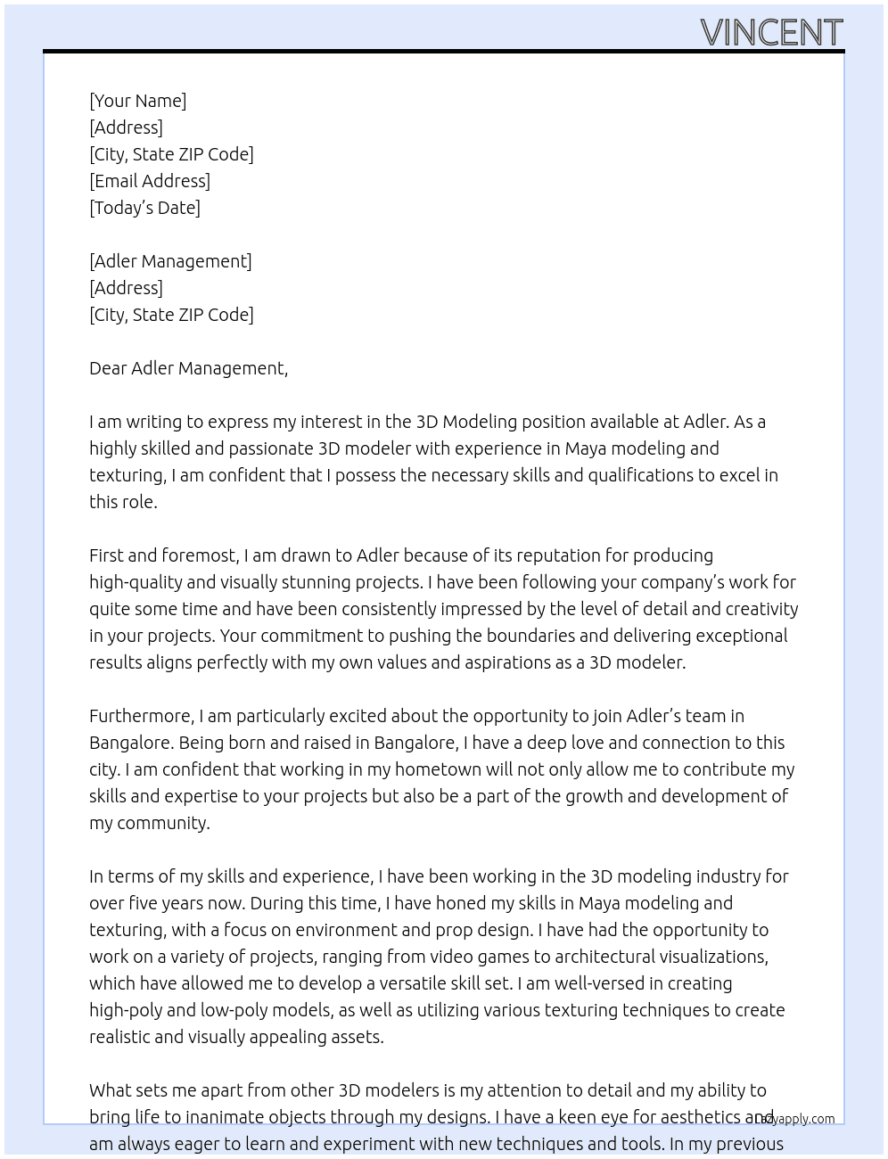 3d modeling At Adler Cover Letter