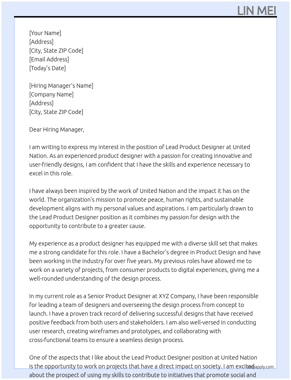 Lead product designer At united nation Cover Letter