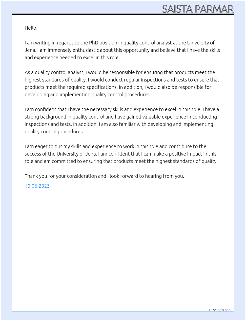 PhD position -Quality control analyst  At university of jena Cover Letter