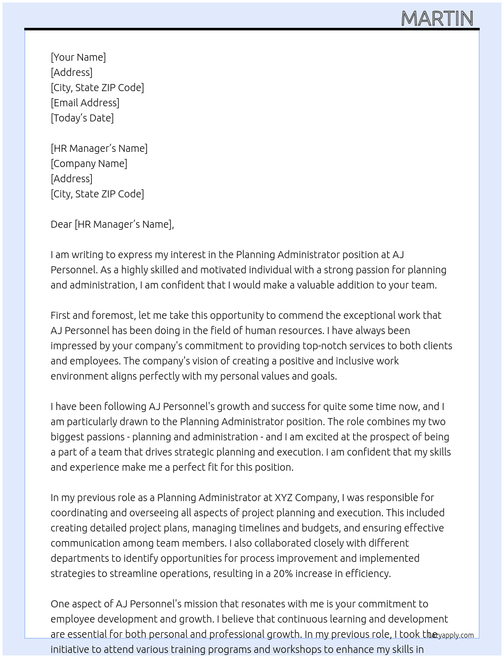 Planning administrator  At AJ personnel  Cover Letter