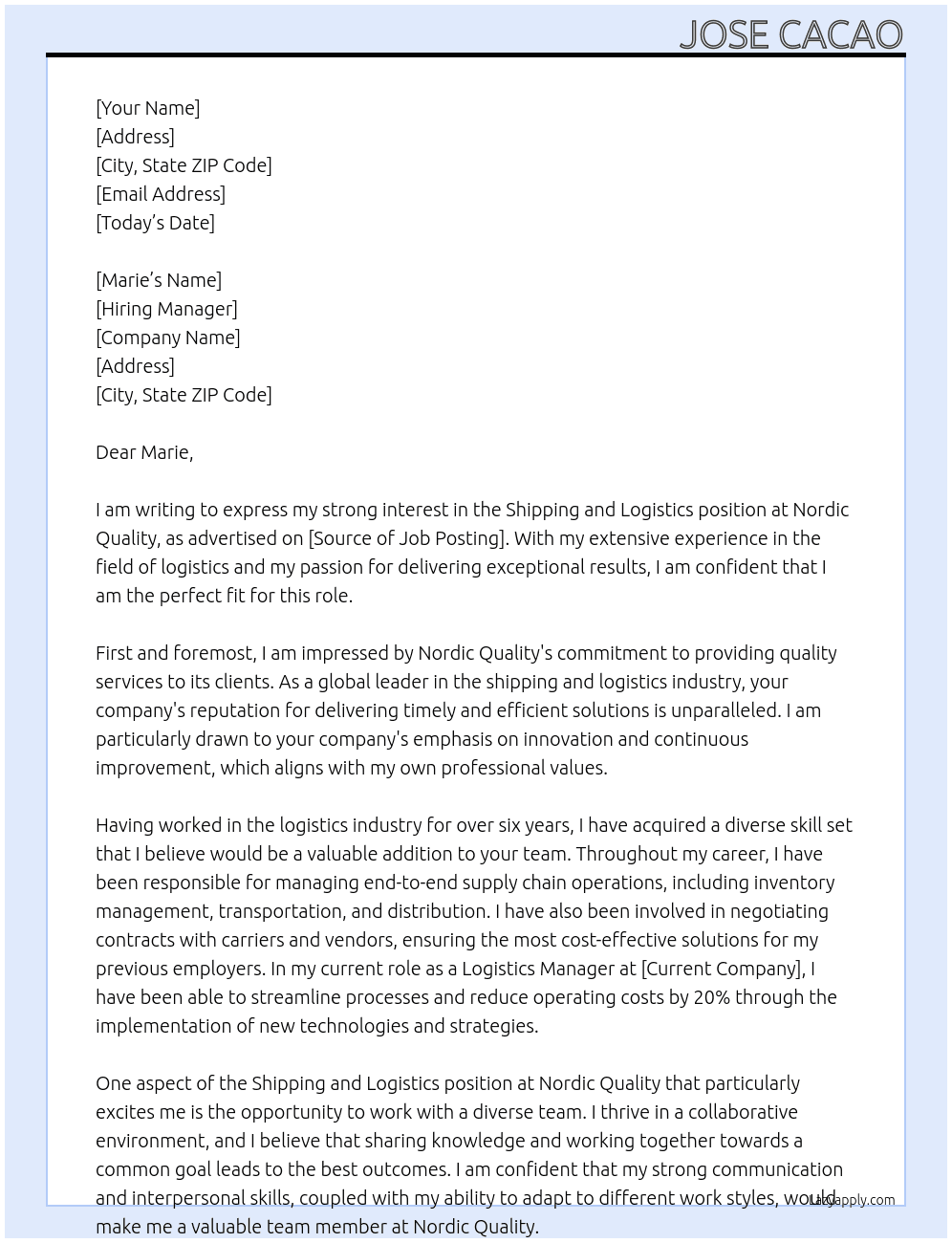 Shipping and Logistics At  Nordic Quality Cover Letter