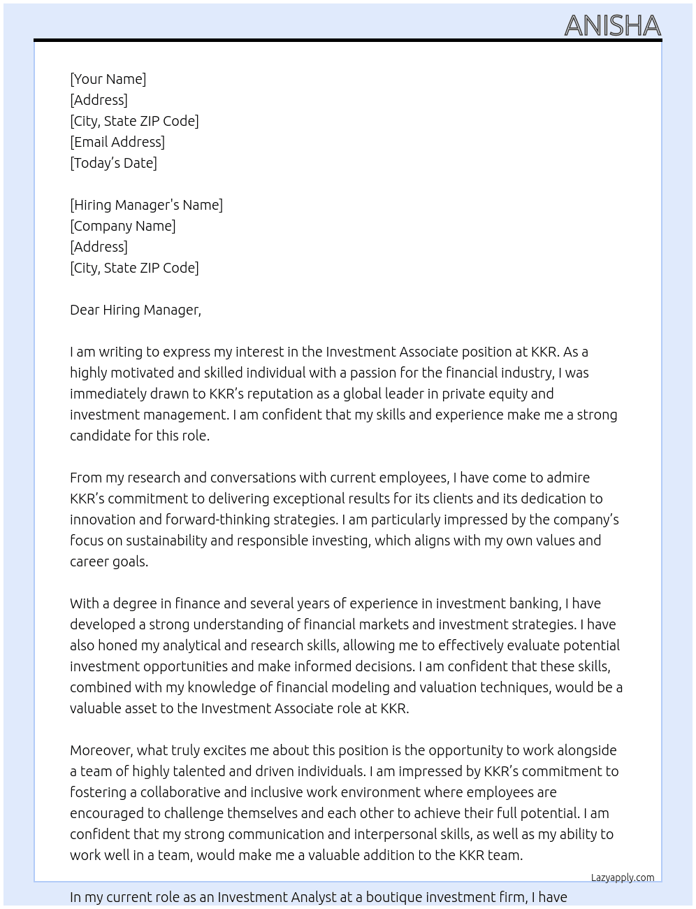 Investment Associate At KKR Cover Letter