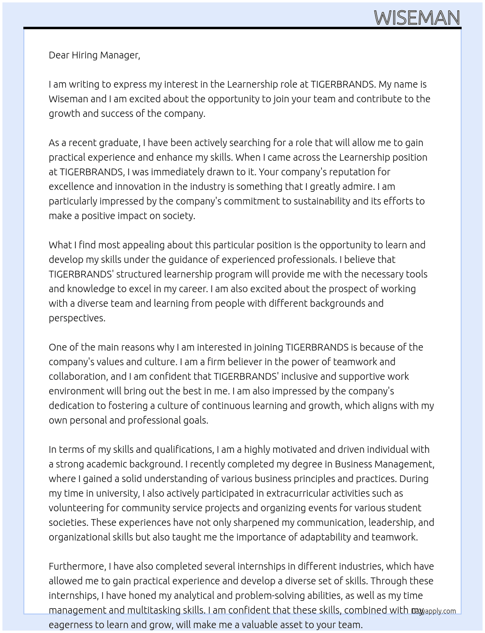 Learnership At TIGERBRANDS Cover Letter