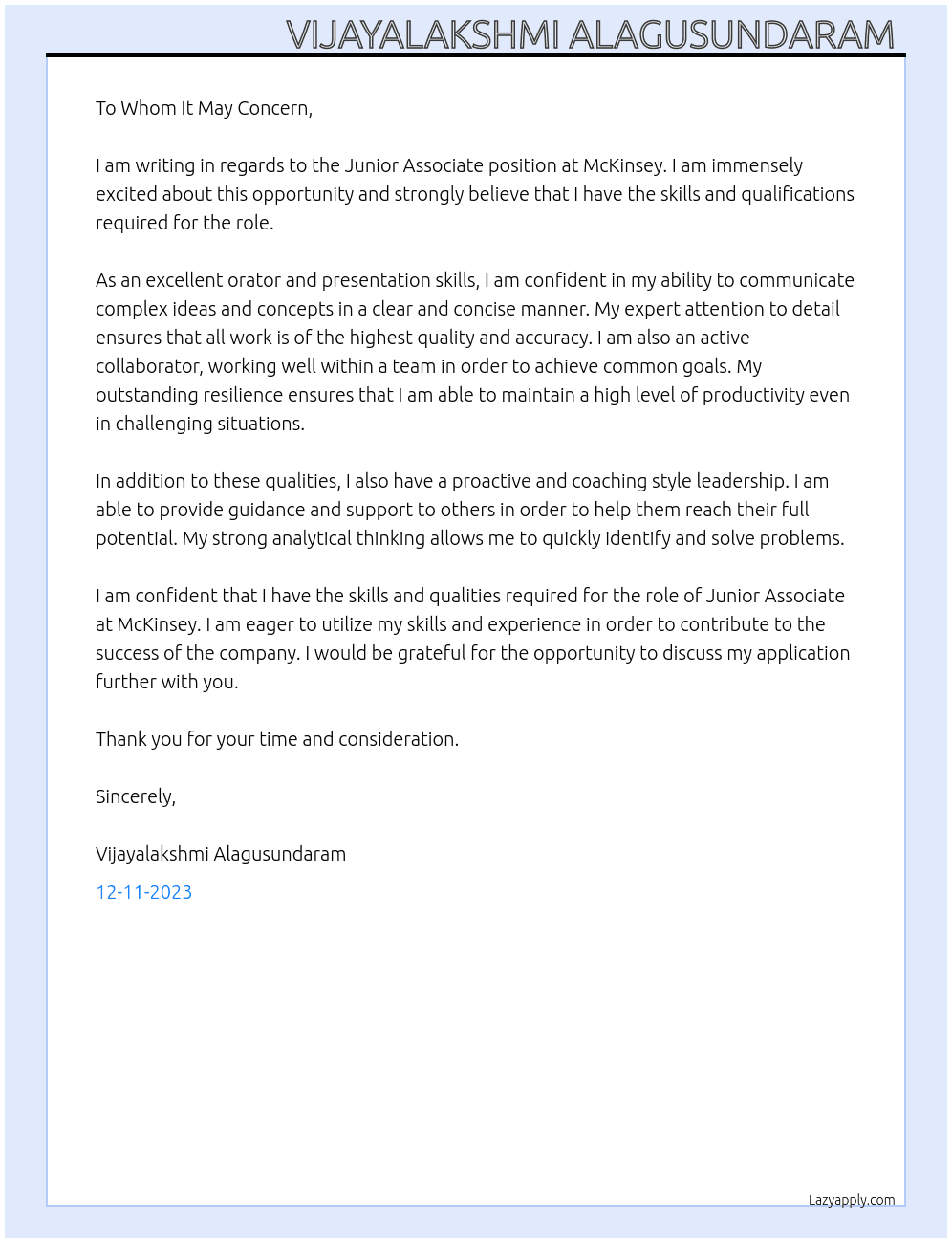 Junior Associate  At Mckinsey  Cover Letter