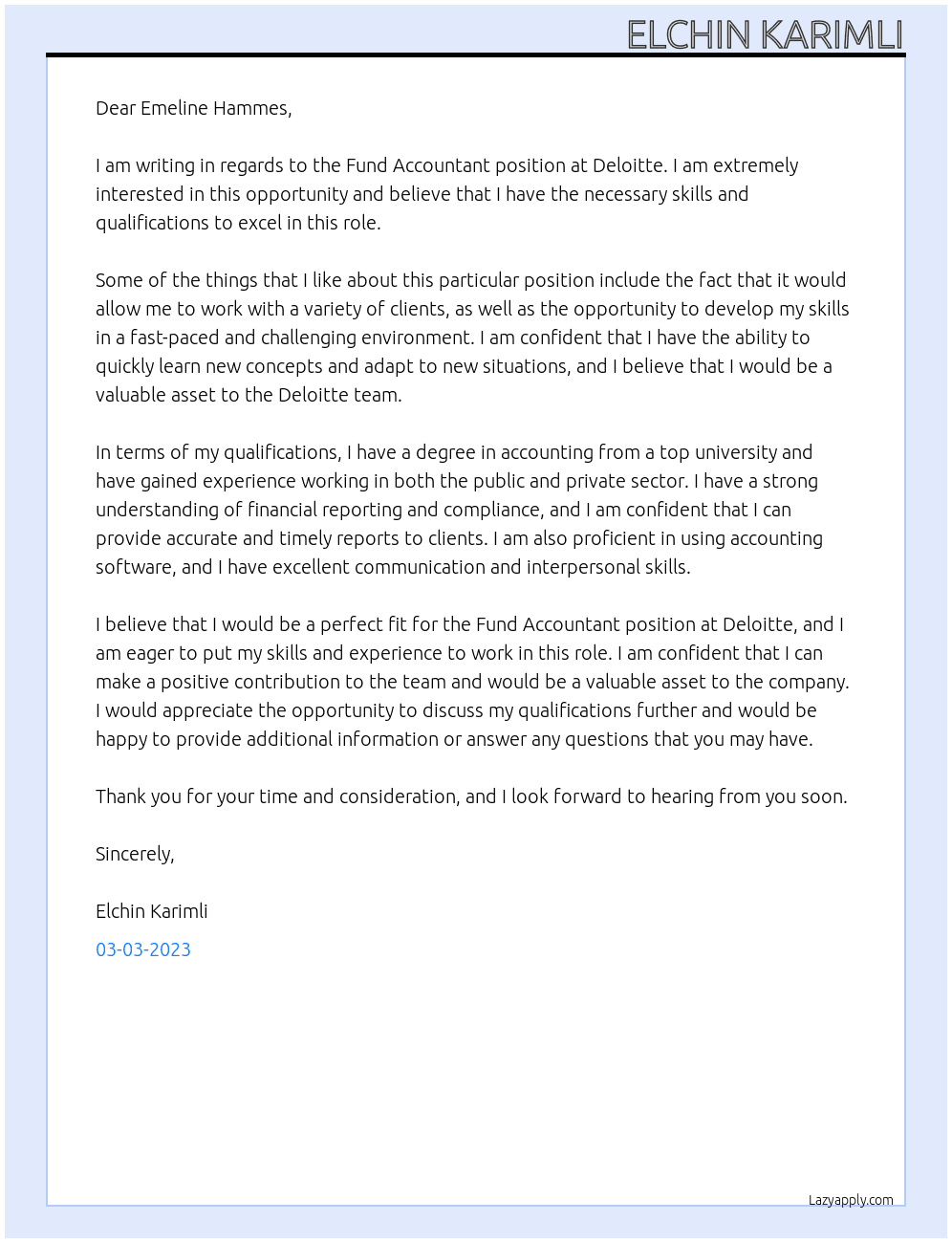 Fund Accountant At Deloitte Cover Letter