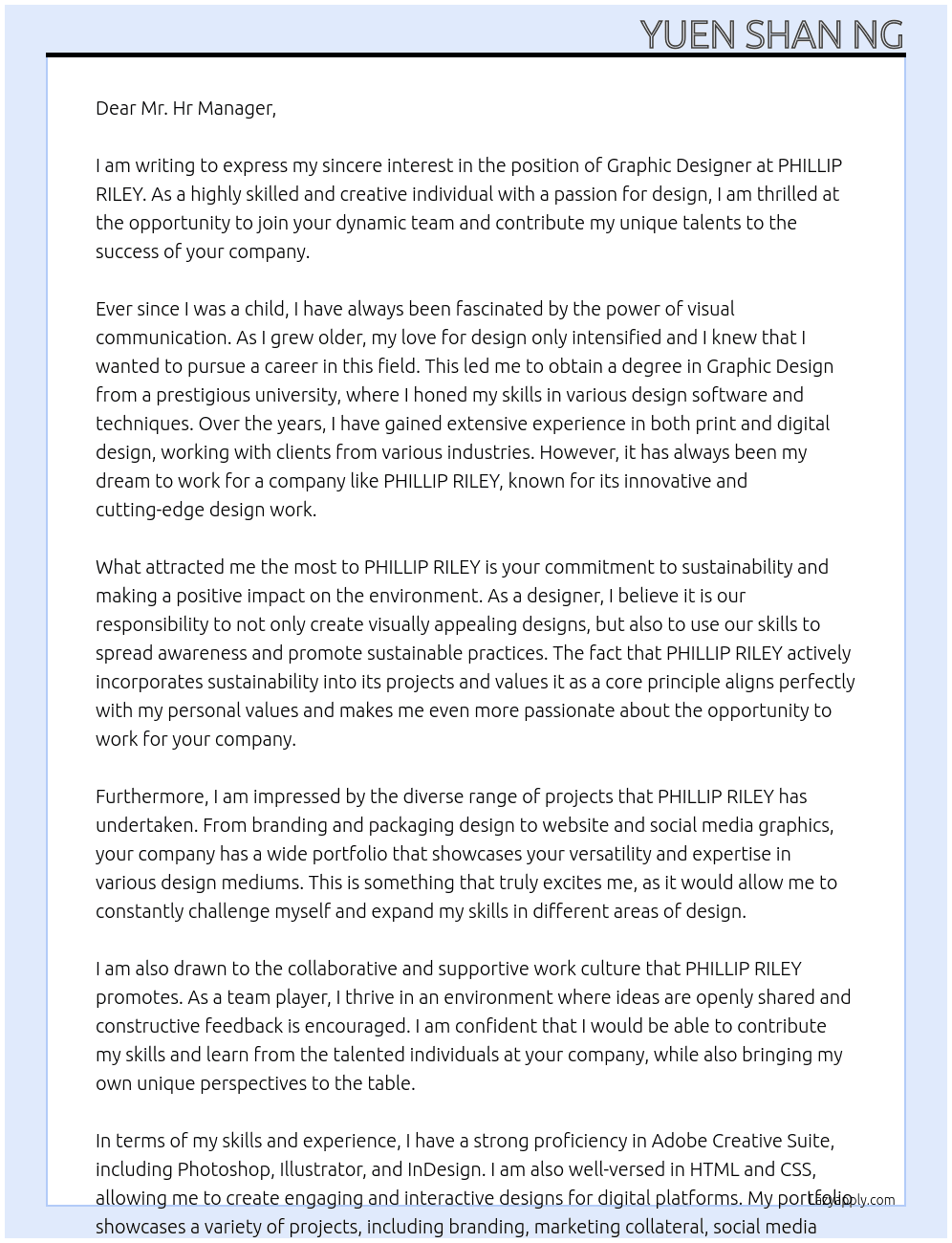 Graphic Designer At PHILLIP RILEY Cover Letter