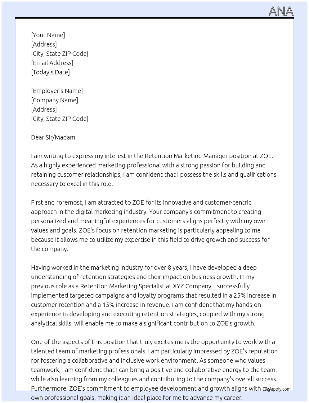 Retention Marketing Manager At ZOE Cover Letter