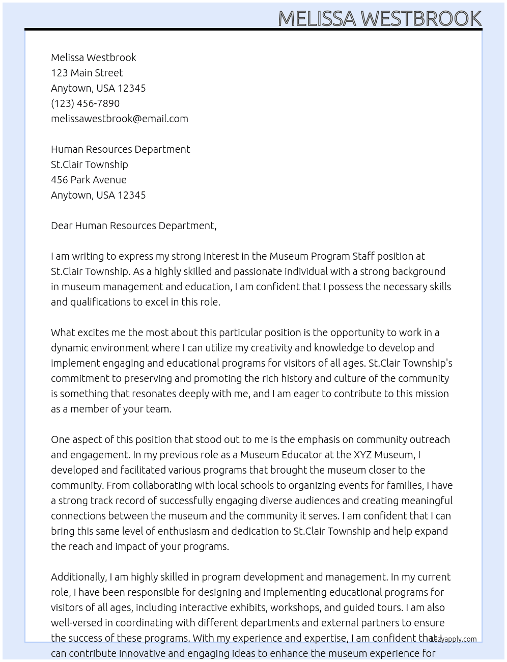 Museum program staff At St.Clair Township Cover Letter