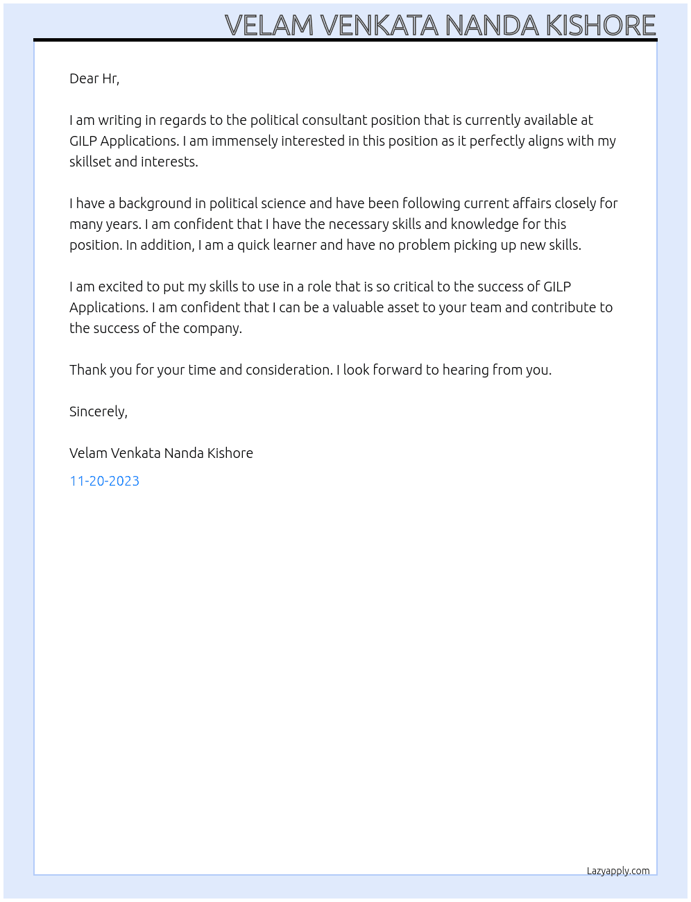 Political Consultant At GILP Applications Cover Letter
