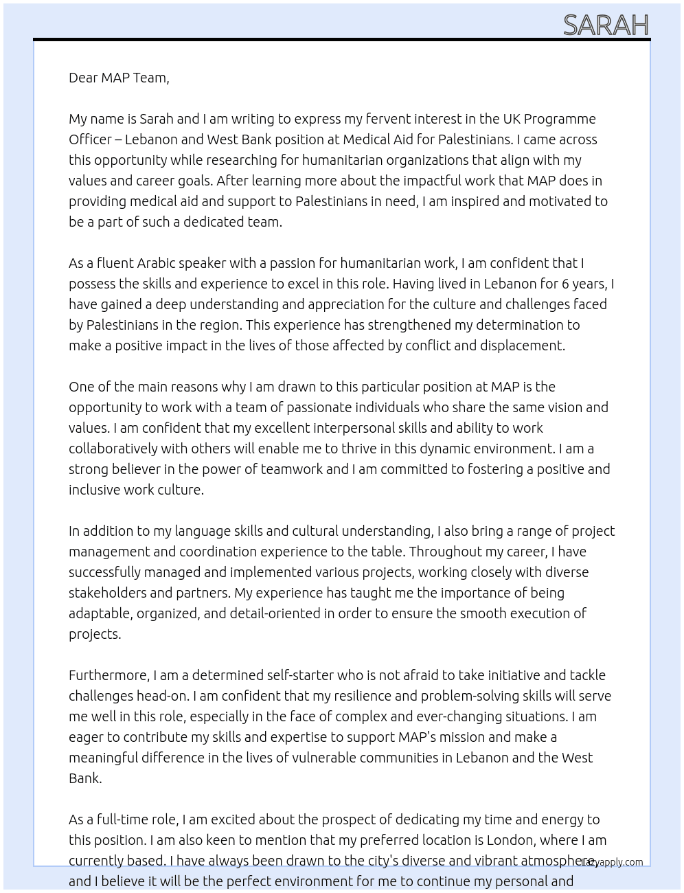 UK Programme Officer – Lebanon and West Bank At Medical Aid for Palestinians Cover Letter