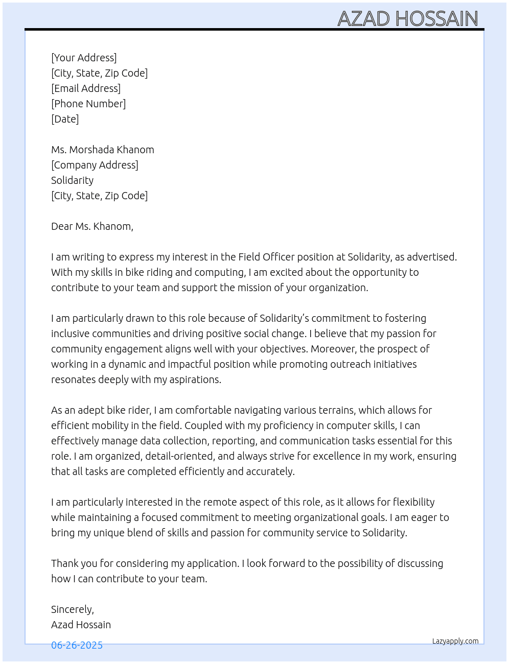Field Officer At Solidarity  Cover Letter