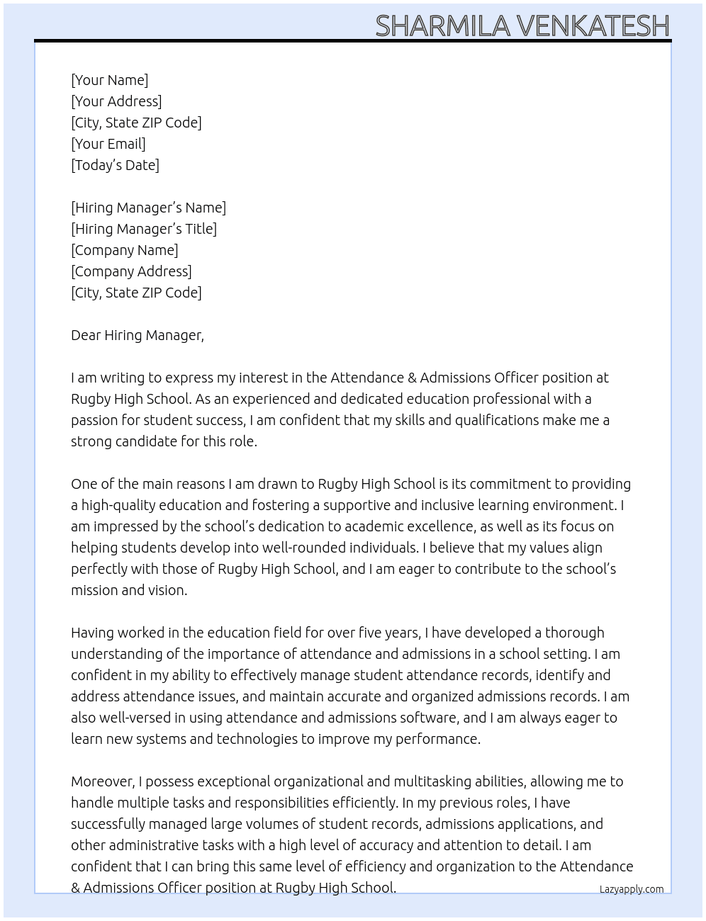 Attendance & Admissions Officer At Rugby High School Cover Letter