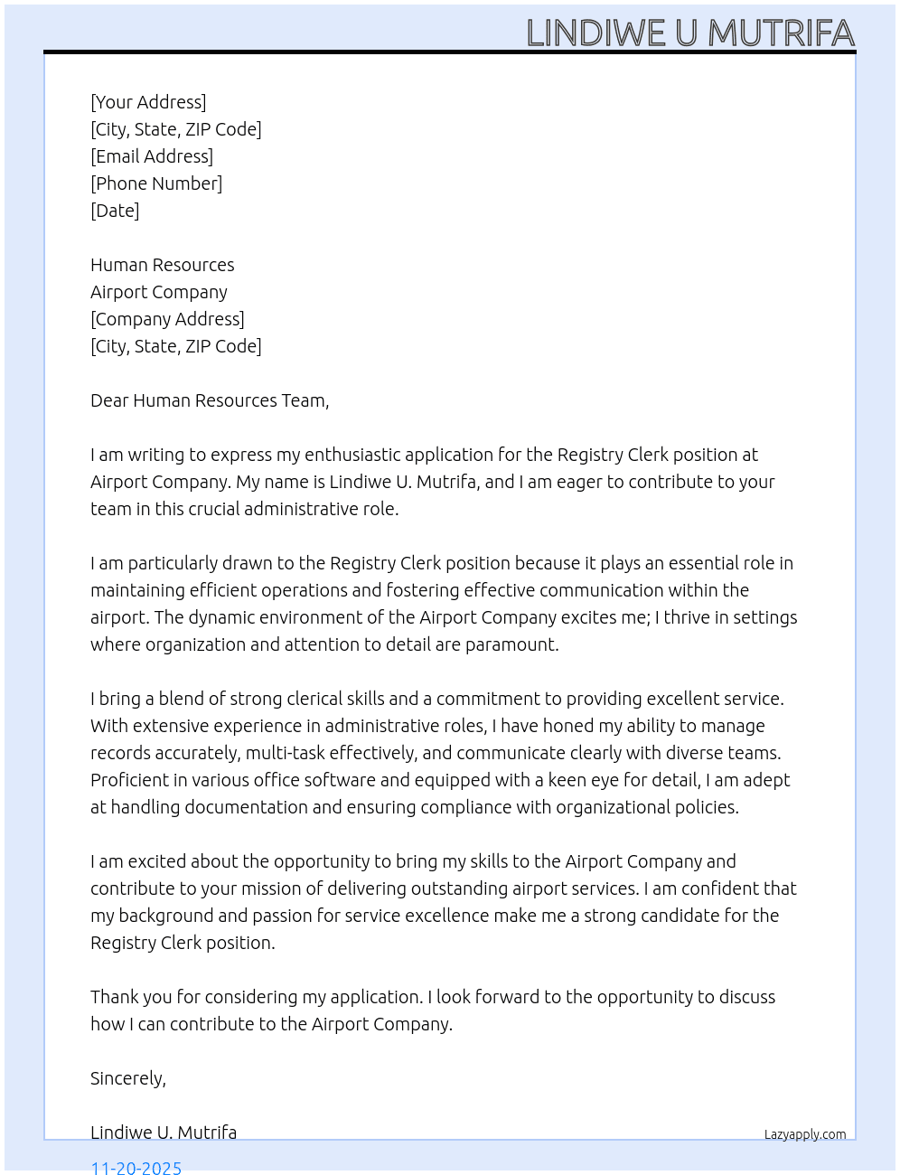 REGISTRY CLERK At AIRPORT COMPNANY Cover Letter