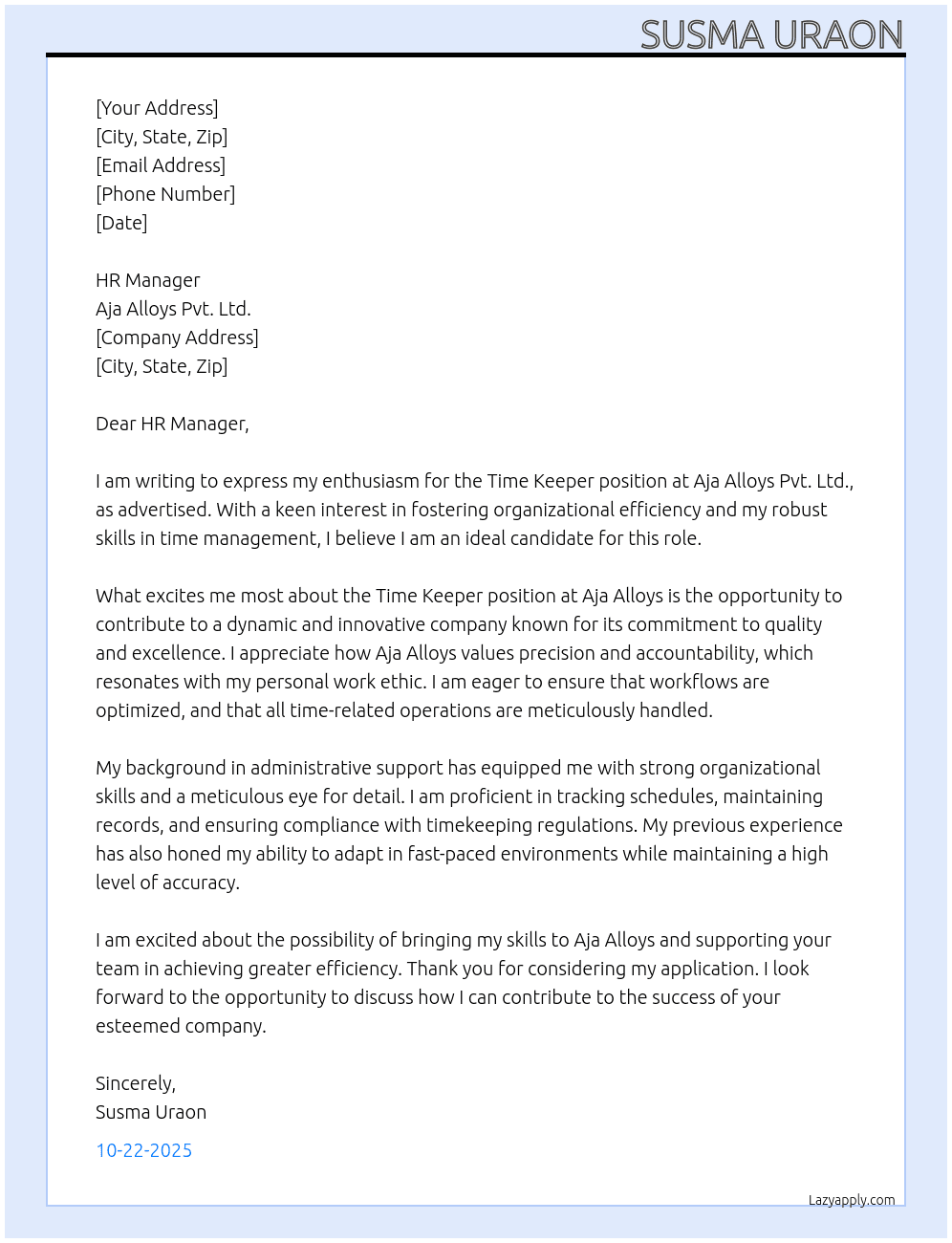 Cover letter for time keeper - LazyApply