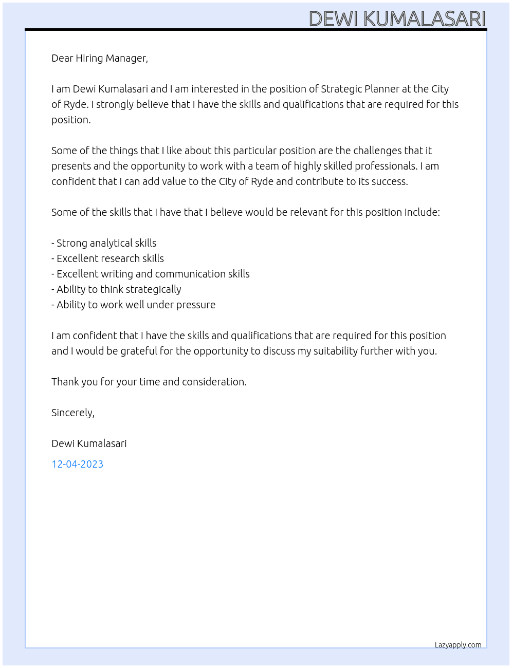 Strategic Planner At City of Ryde Cover Letter