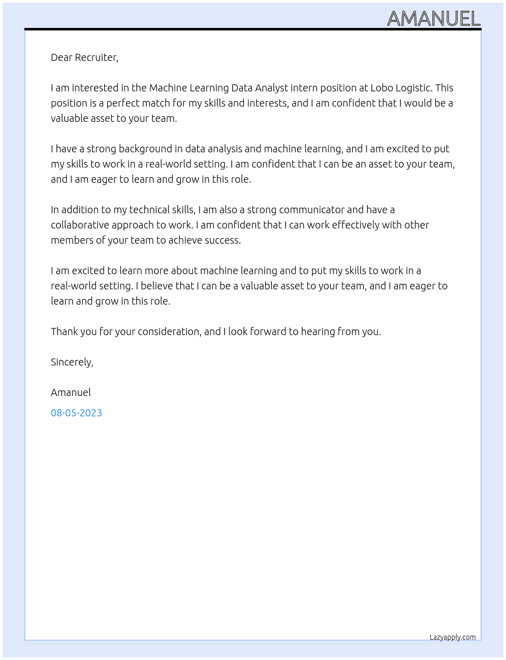 Machine Learning Data Analyst intern At Lobo Logistic Cover Letter
