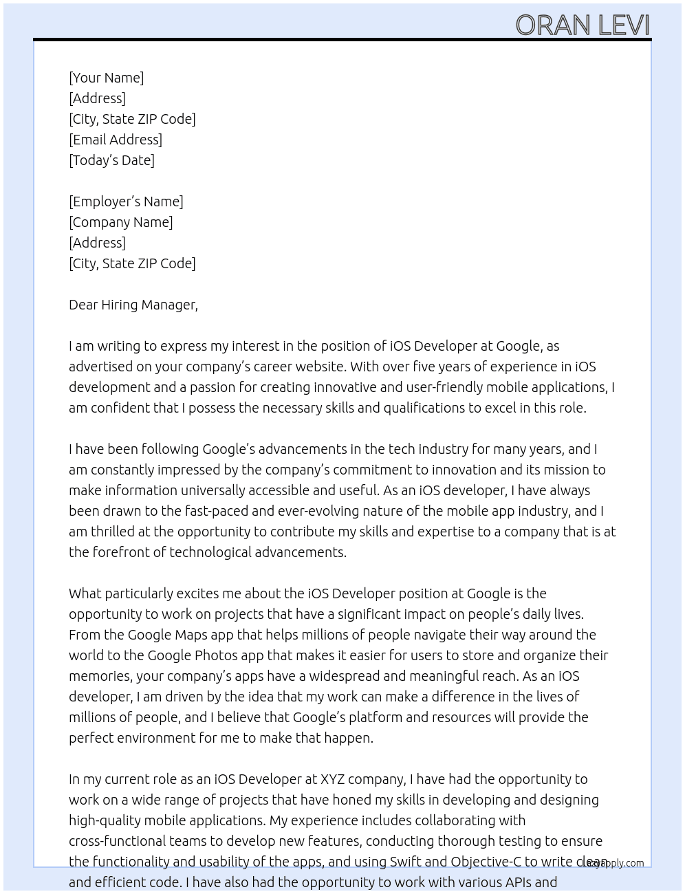 ios developer At google Cover Letter