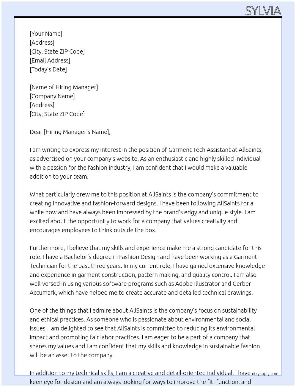 Garment Tech Assistant At allsaints Cover Letter
