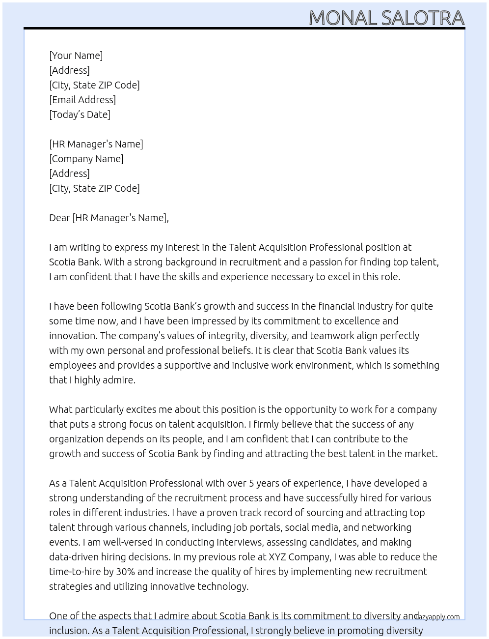 Talent Acquisition professional At Scotia Bank Cover Letter