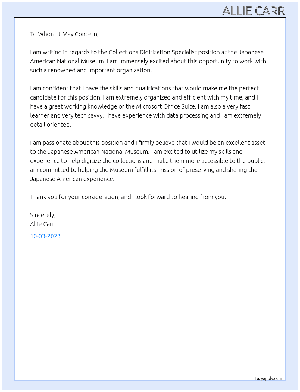 Collections Digitization Specialist At Japanese American National Museum Cover Letter