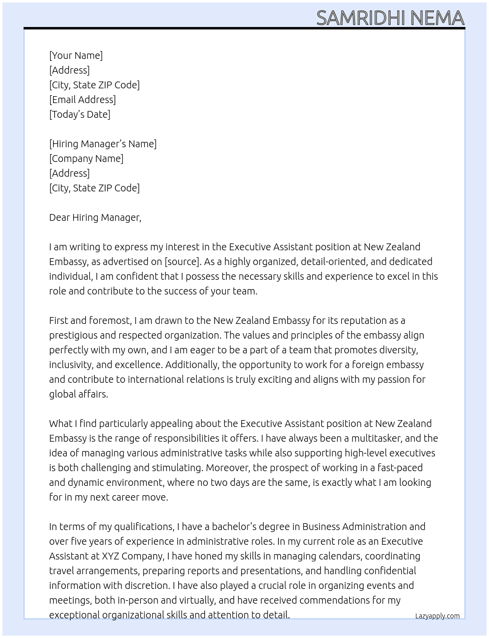 Executive assistant At New Zealand embassy Cover Letter