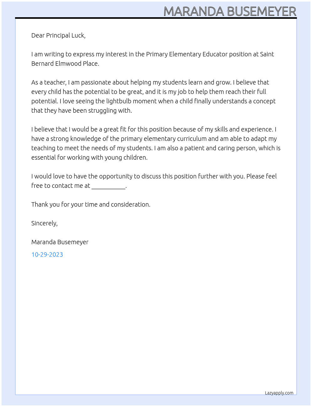 Primary Elementary Educator At Saint Bernard Elmwood Place Cover Letter