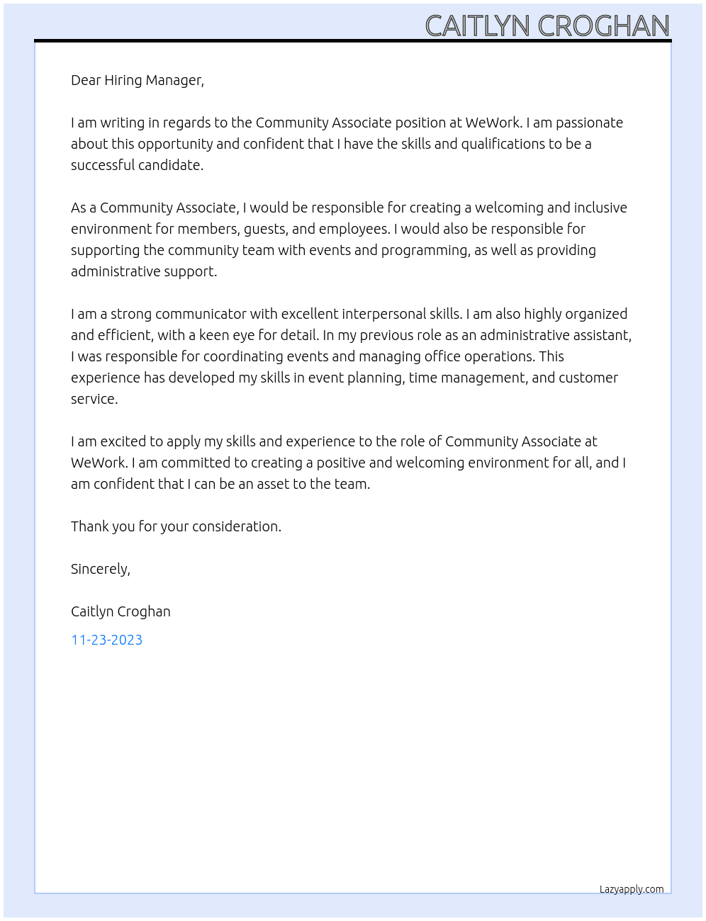 Community Associate At WeWork Cover Letter