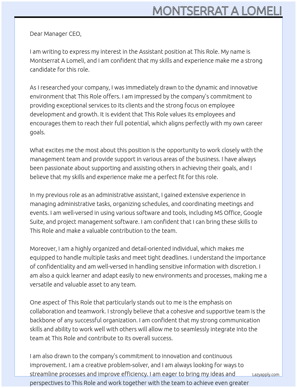 Assistant  At This role Cover Letter