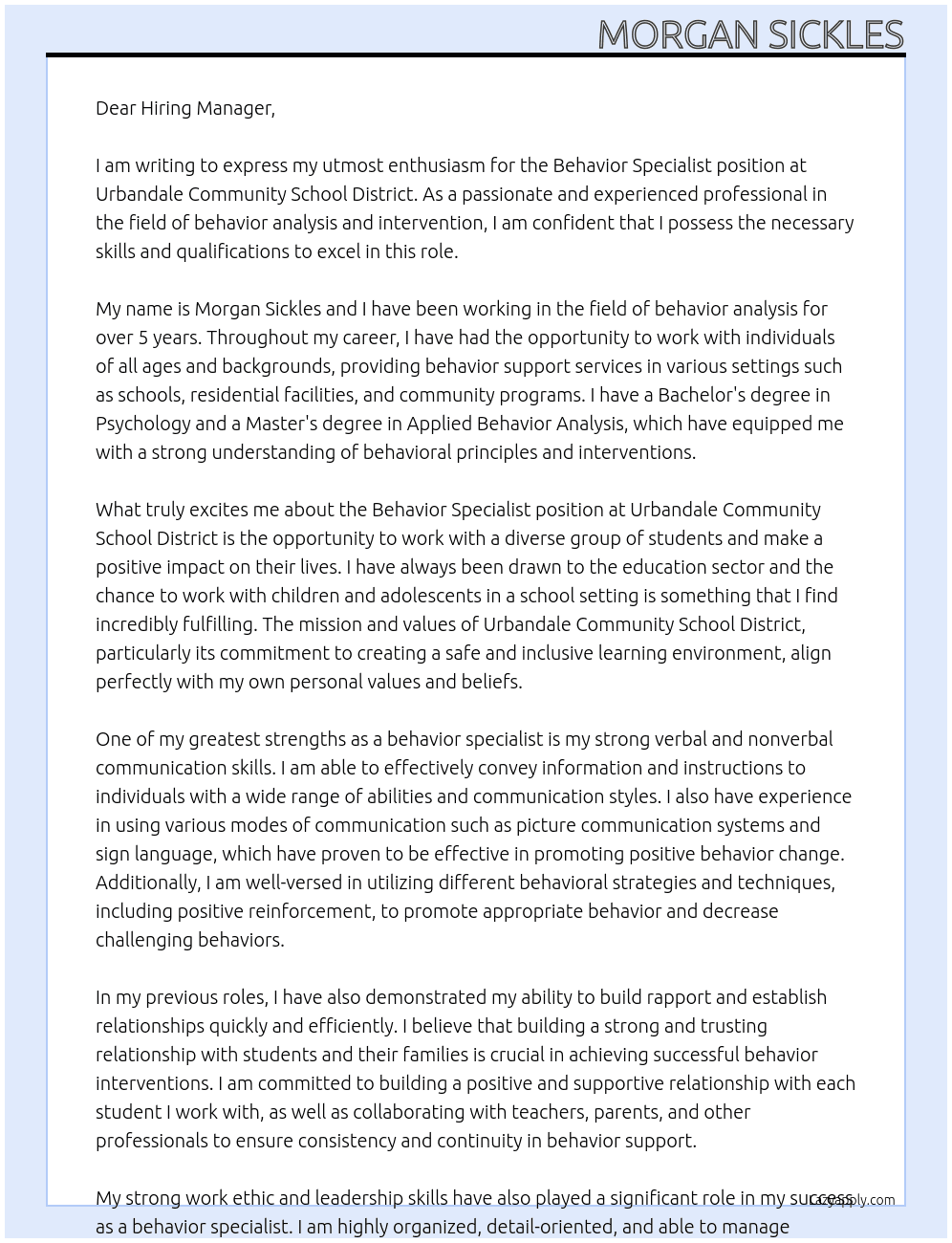 Behavior Specialist  At Urbandale Community School District  Cover Letter