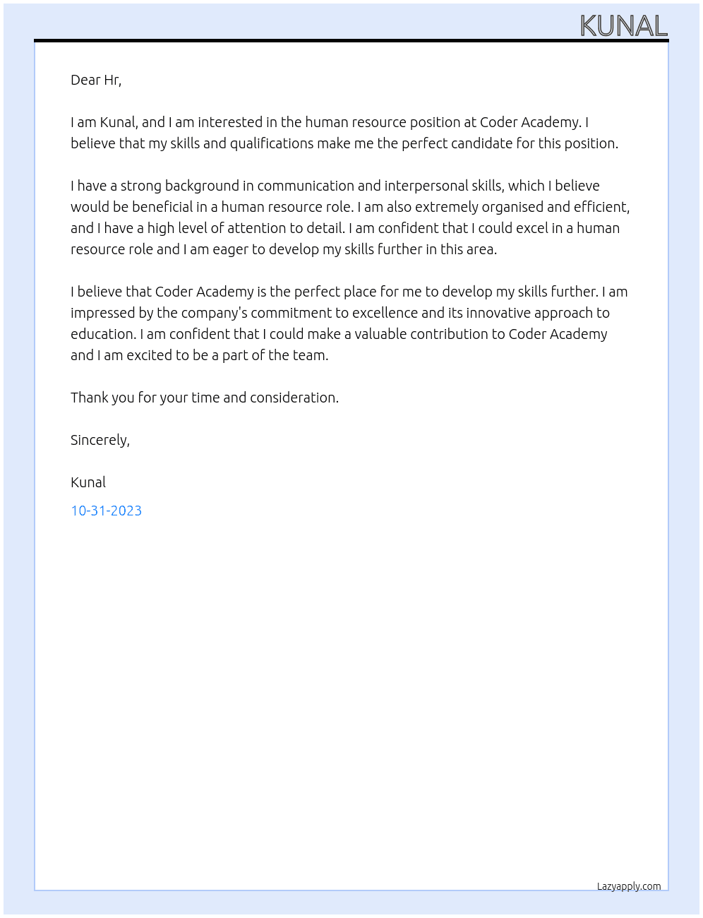Human resource  At Coder academy Cover Letter